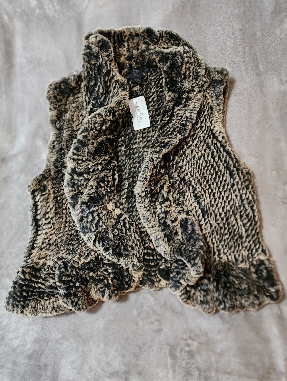 Saks Fifth‎ Avenue Fur Vest NWT | Animal Print Brown Black S/M